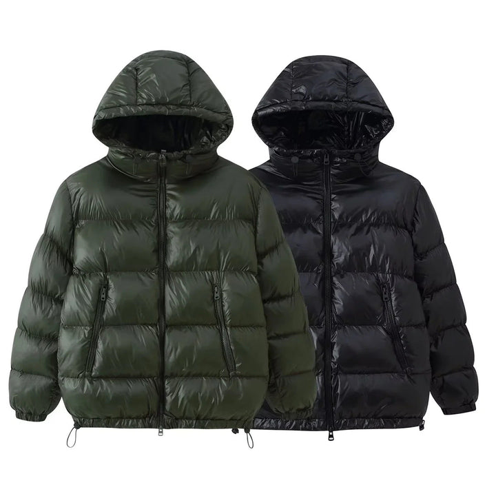 Dam vadderad hooded jacka i down look med drawstring fåll och dragkedja fickor