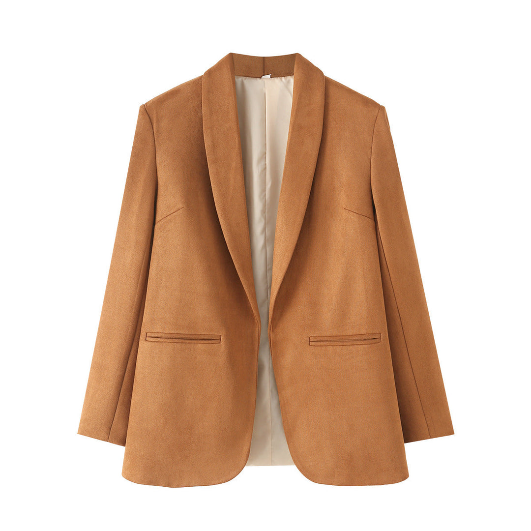 Dam lång skärning blazer i mocka imitation med mjuk sjalkrage och piped welt fickor