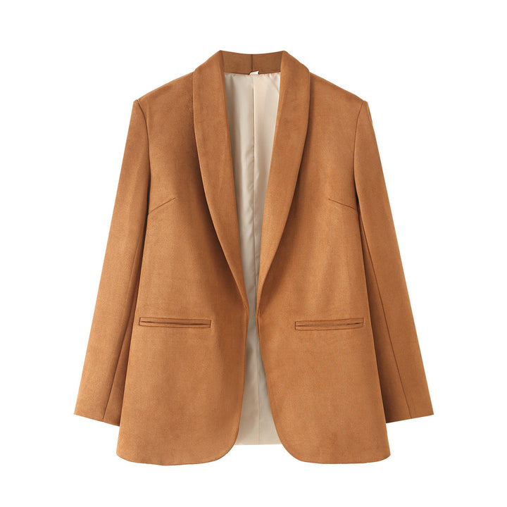 Dam lång skärning blazer i mocka imitation med mjuk sjalkrage och piped welt fickor