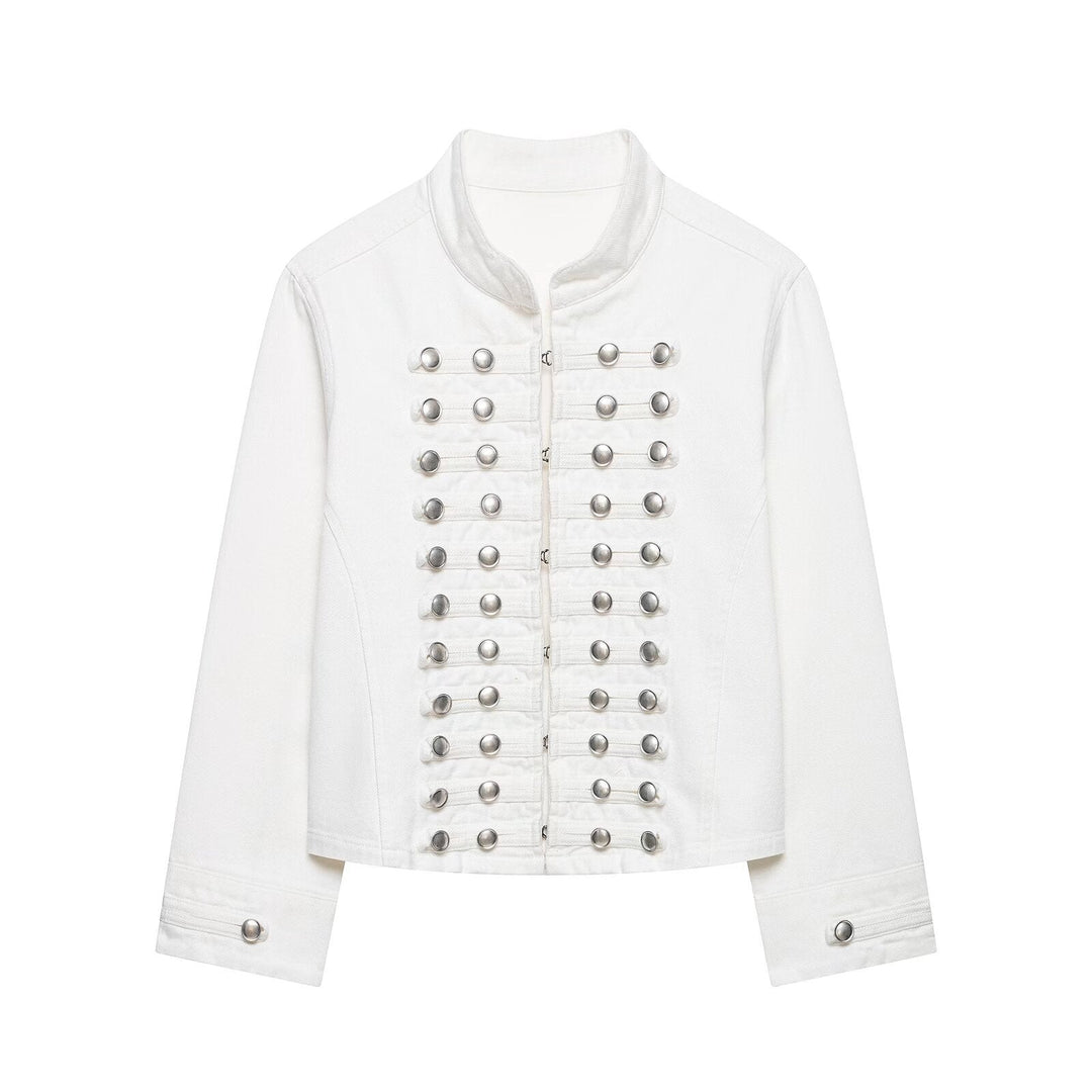 Dam Tailored Denim Blazer Jacka i Military Inspired Marshal Stil med Dekorativ Knapp Knäppning