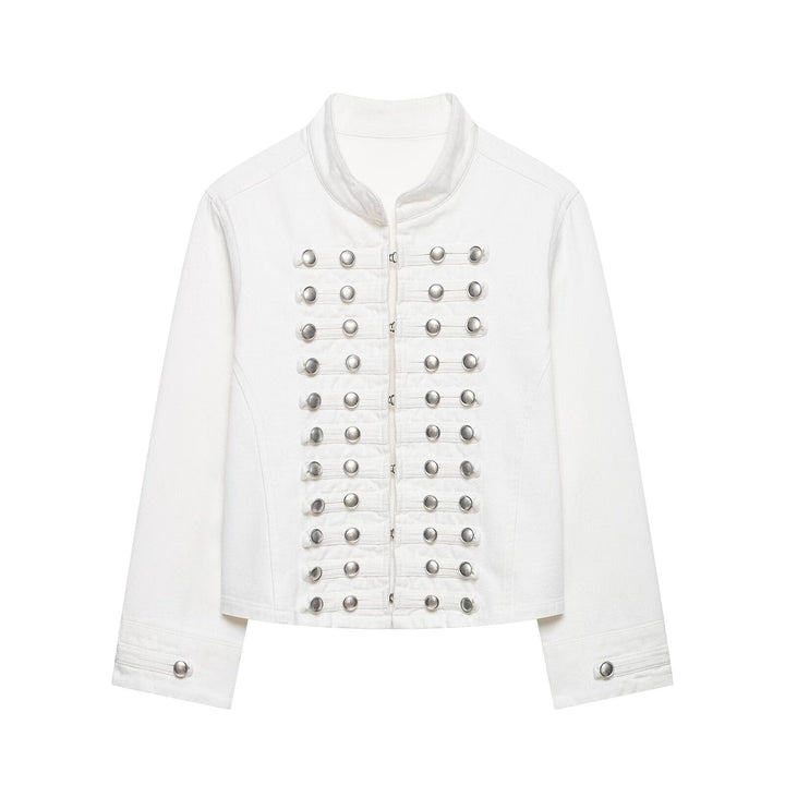 Dam Tailored Denim Blazer Jacka i Military Inspired Marshal Stil med Dekorativ Knapp Knäppning