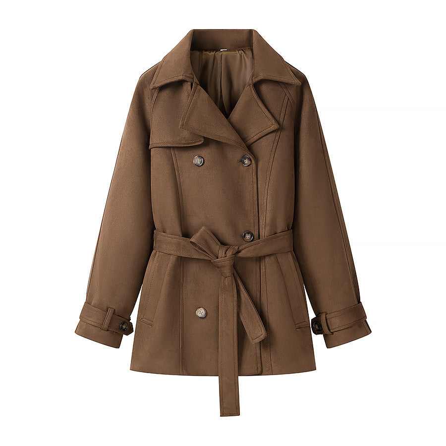 Dam kort mocka trenchcoat med Double-Breasted och midjebälte
