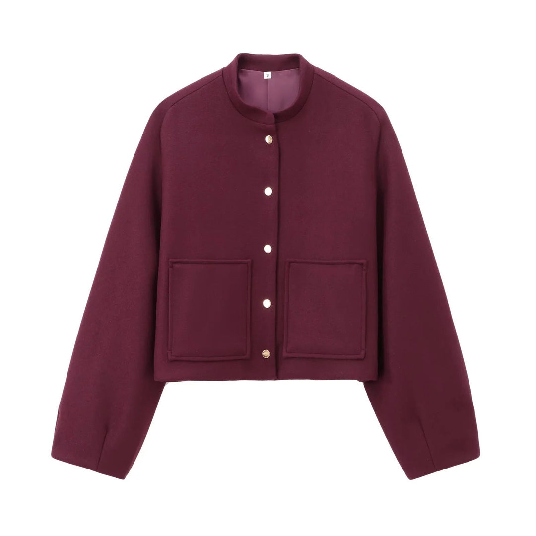Dam 500+ Kort Boxig Ull Blend Blouson Jacka med Stå Krage, Tryckknapp Knappar och Stora Patch Fickor