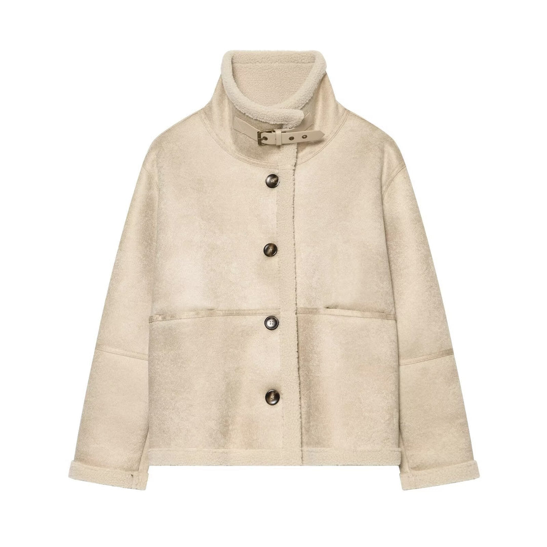 Dam Kort Jacka Tillverkad av Teddy Fleece med Funnel Krage och Buckle Stängning