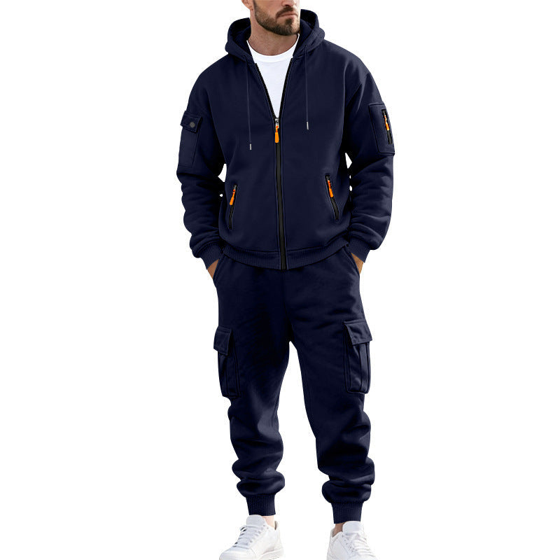 Herr Nano Urban Funktionell Cargo Sweat Set med Luvtröja, Zippered Fickor, och Tapered Cargo Jogger