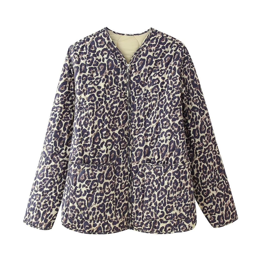 Dam quiltad oversized vadderad jacka med alla-över leopardprint, hel dragkedja och påsydda fickor