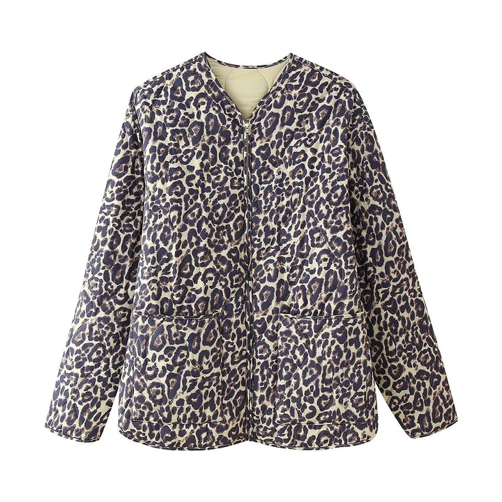 Dam quiltad oversized vadderad jacka med alla-över leopardprint, hel dragkedja och påsydda fickor