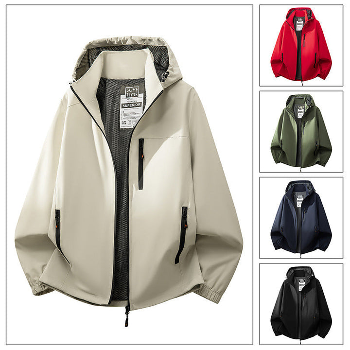 Herr Lätt Water-Repellent med Huva Softshell Jacka med Mesh Foder, Dragkedja Fickor &amp; Elastiska Muddar