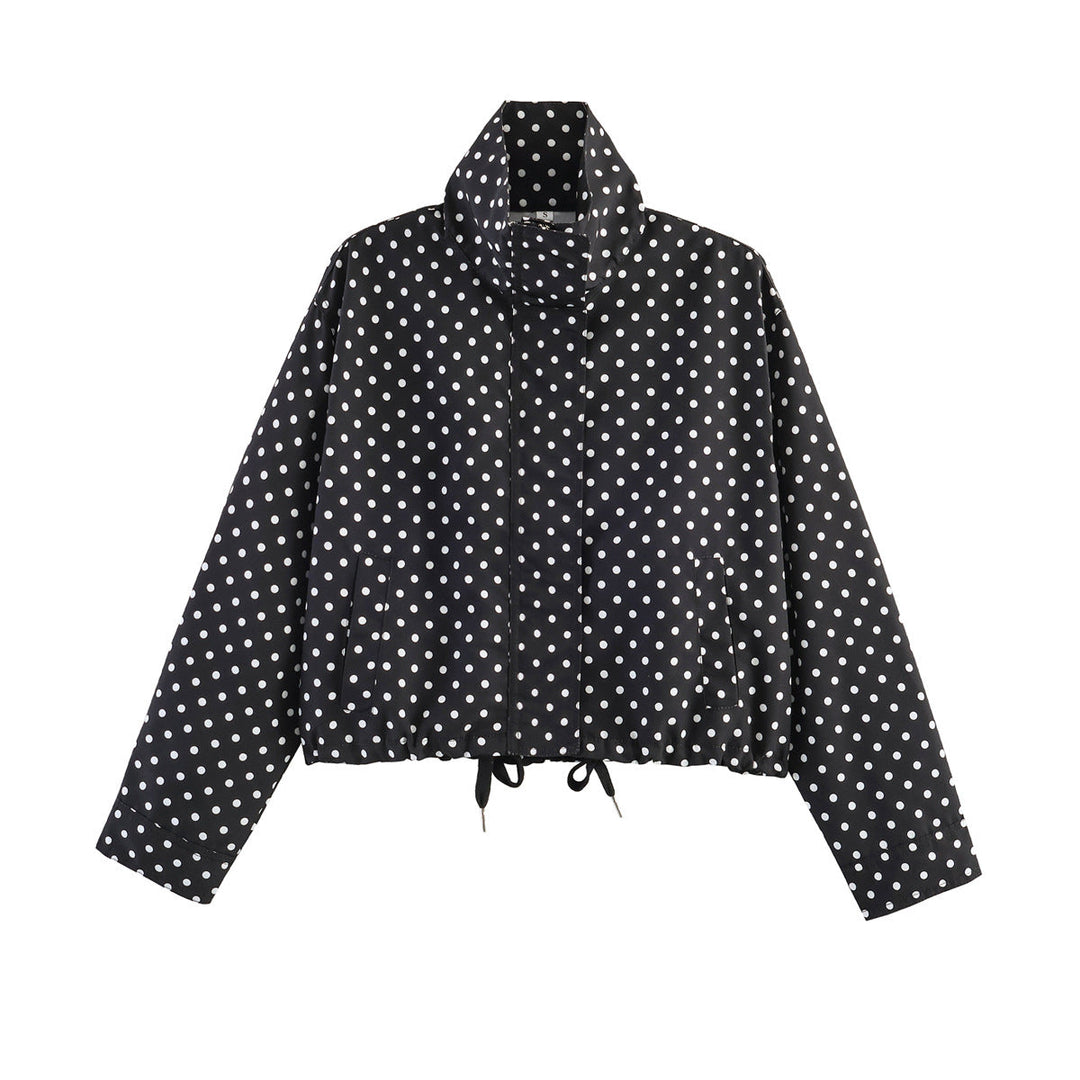 Dam Kort Prickig Prick Övergångsjacka med Stå Krage och Drawstring Nederkant