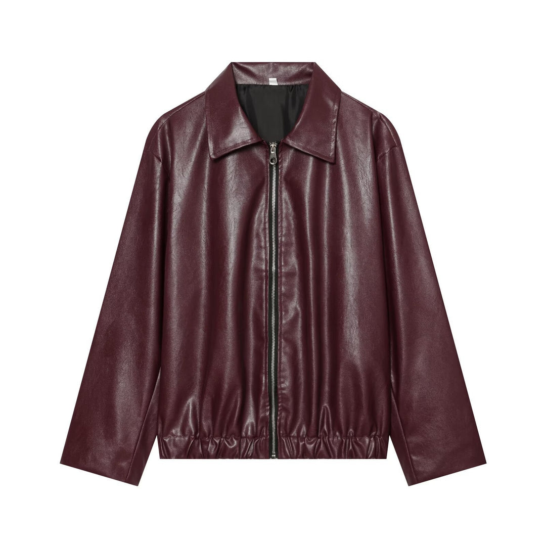 Dam kort skuren konstläder Blouson med dragkedja och Gathered fåll