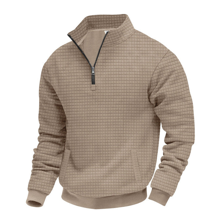 Herr Waffle Texture Halv Dragkedja Pullover med Ståkrage och Subtle Sidofickor