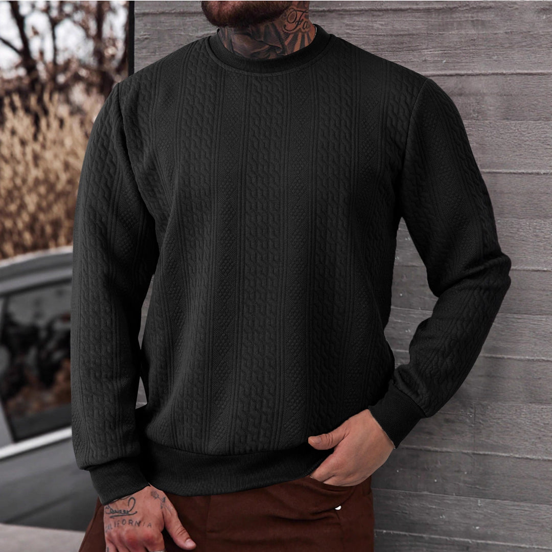 Herr Textured Round Neck College-Tröja med Fin Waffle Structure och Ribbstickade Muddar