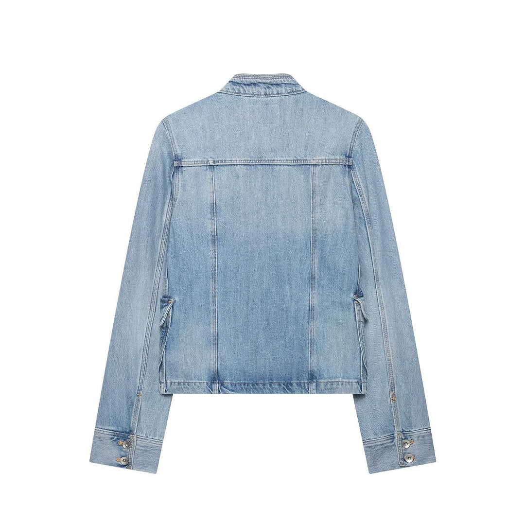 Dam Boxig Denimjacka i Safari Look med Stå Krage och Four Patch Fickor