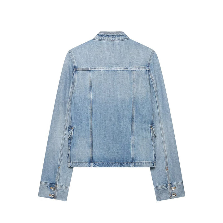 Dam Boxig Denimjacka i Safari Look med Stå Krage och Four Patch Fickor