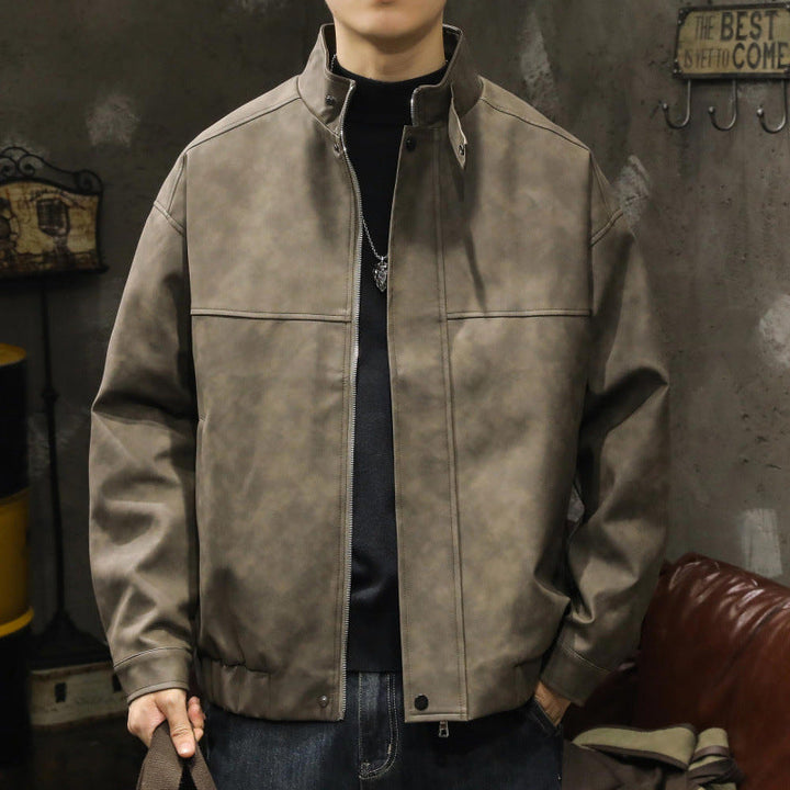 Herr Boxy Leather-Look Blouson med Dold Dragkedja Knapplist, Ståkrage, och Elastisk Waistband