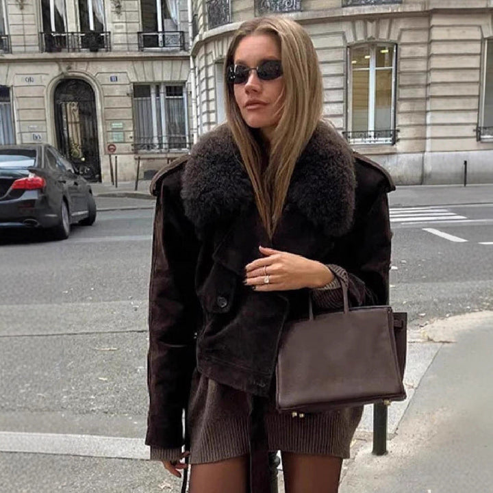 Dam kort Motorcycle jacka in mocka look med Voluminous teddy krage