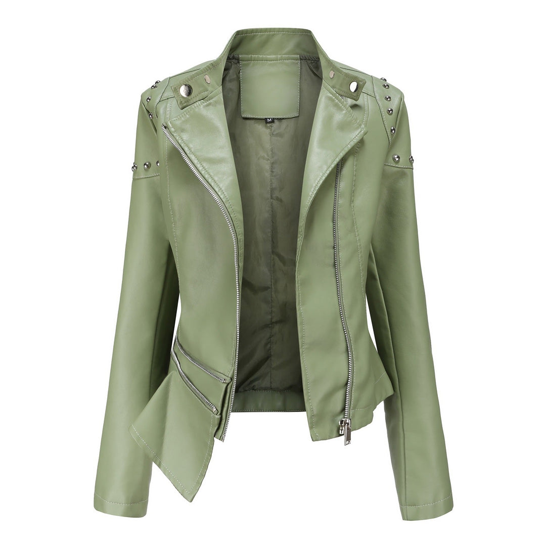 Dam asymmetric konstläder bikerjacka med stud application och figursydd peplum