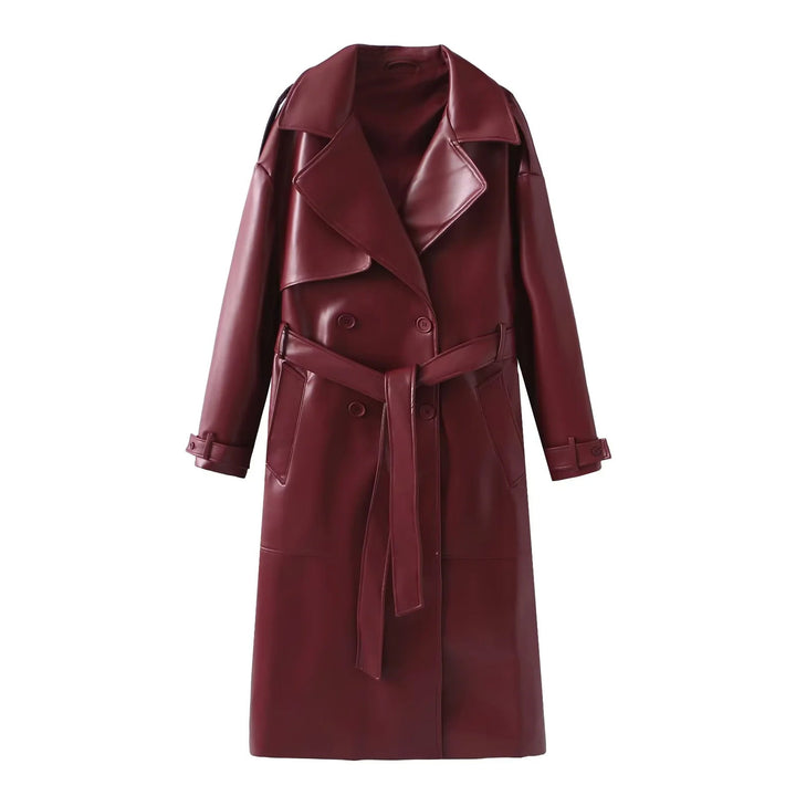 Dam figursydd vegan trenchcoat tillverkad av läder imitation med sjalkrage och tie bälte