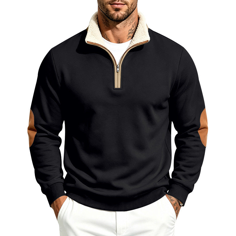 Herr Troyer Halv Dragkedja Pullover med Teddy Fleece Foder, Konstläder Elbow Lappar och Ståkrage