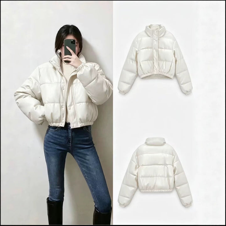 Dam Kort Vadderad Blouson Jacka i Boxig Look med Stå Krage och Elastic Nederkant