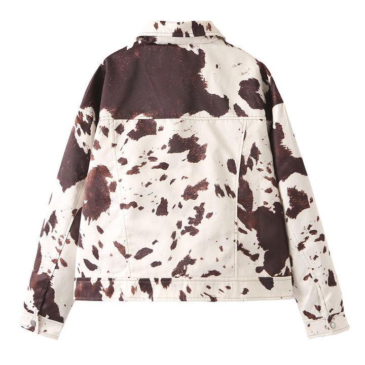 Dam Oversize jeansjacka med Cow Spot tryck Snap knäppning och Flap fickor