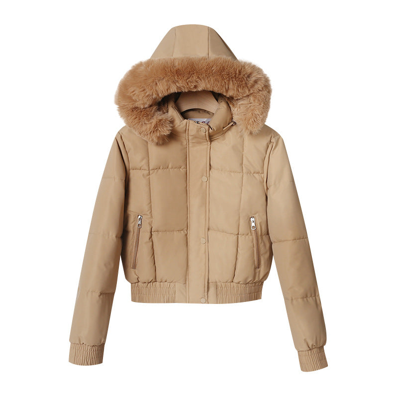 Dam kort isolerande hooded jacka med voluminous pälskrage kant och elastic ribbed fåll