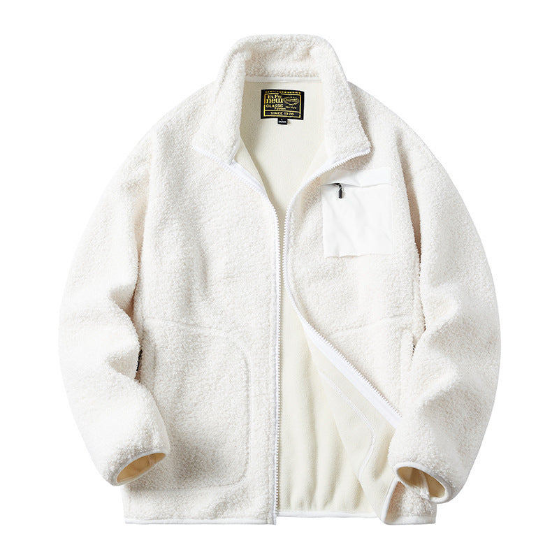 Herr Sherpa Fleece Jacka i Utility Stil med Dragkedja Bröstficka och Stående Krage