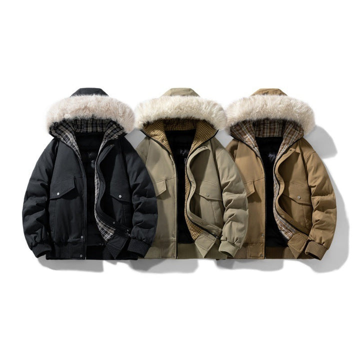 Herr kort parka med vadderad foder, avtagbar huva, och utanpåfickor