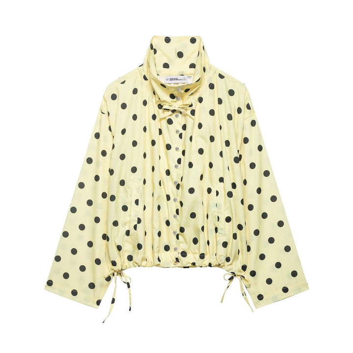 Dam Lätt Oversize Prickig Prick Windbreaker med Stå Krage, Knapp Knäppning och Drawstring