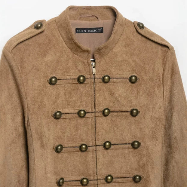 Dam Kort Jacka i Suede Look i Officer Stil med Dekorativ Knapp Knäppning