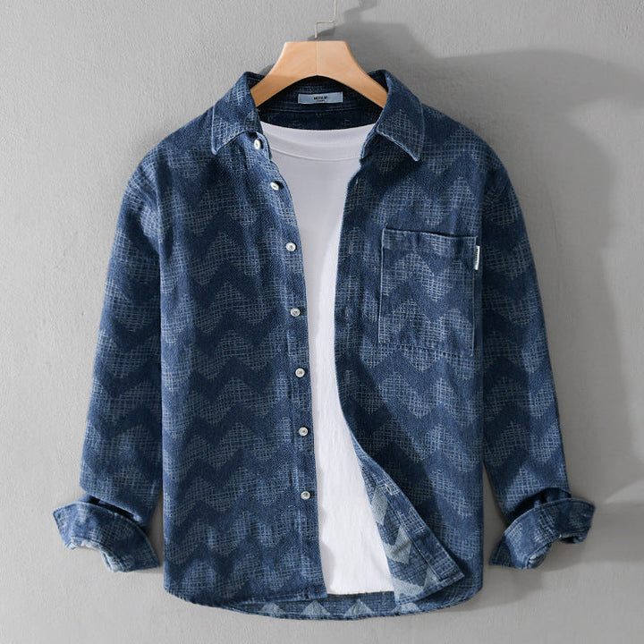 Herr Indigo-Structure Overshirt Tillverkad av Washed Denim med Zigzag Jacquard, Kent Krage och Bröstficka