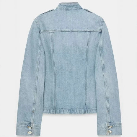 Dam Utility-Stil Denimjacka med Stå Krage, Flapped Fickor, och Shoulder Patches