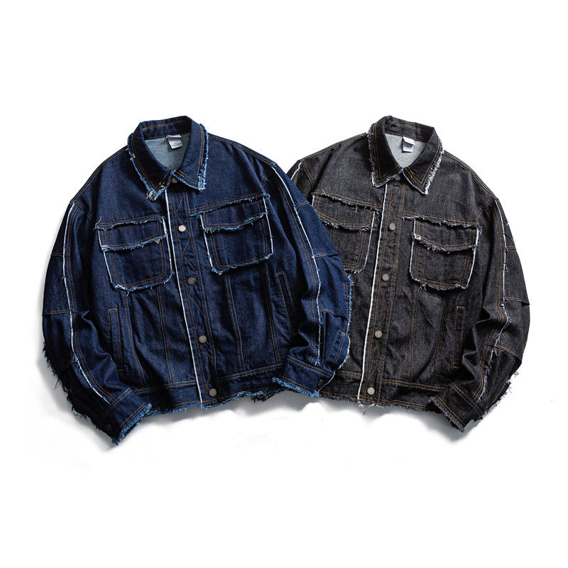 Herr oversize Jeans Jacka med Frayed Edges och Large fickor med lock