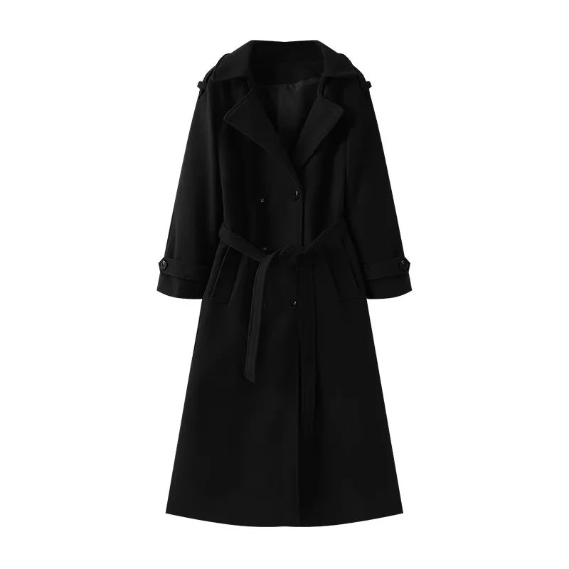 Dam longer ullblandning trenchcoat med sjalkrage, midjebälte, och double-breasted knäppning