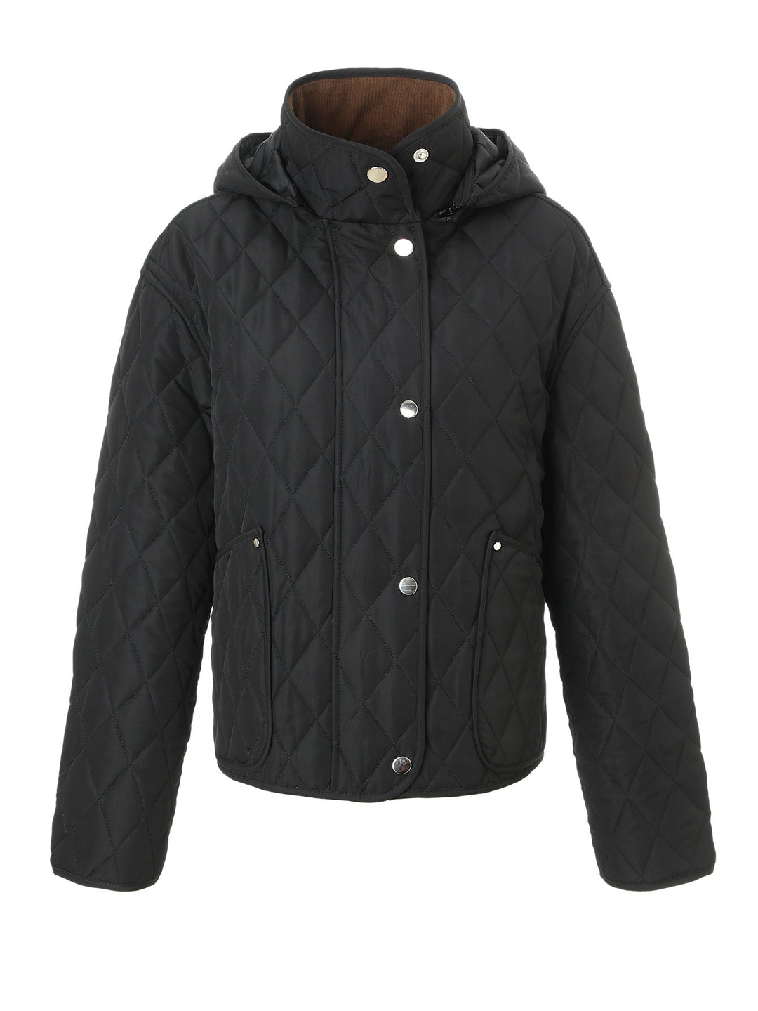 Dam kviltad jacka med huva, kviltad diamond structure och flap fickor