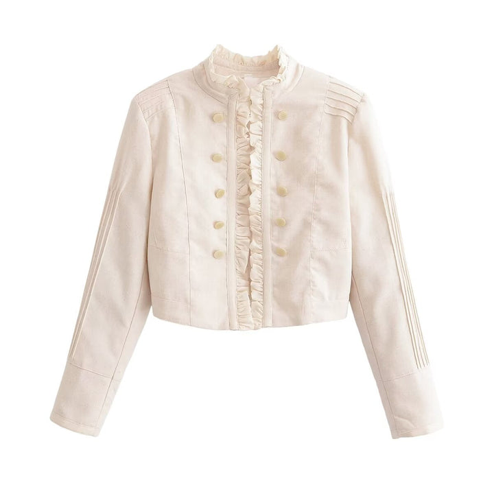 Dam Kort Jacka i Military Stil med Ruffled Front och Stå Krage