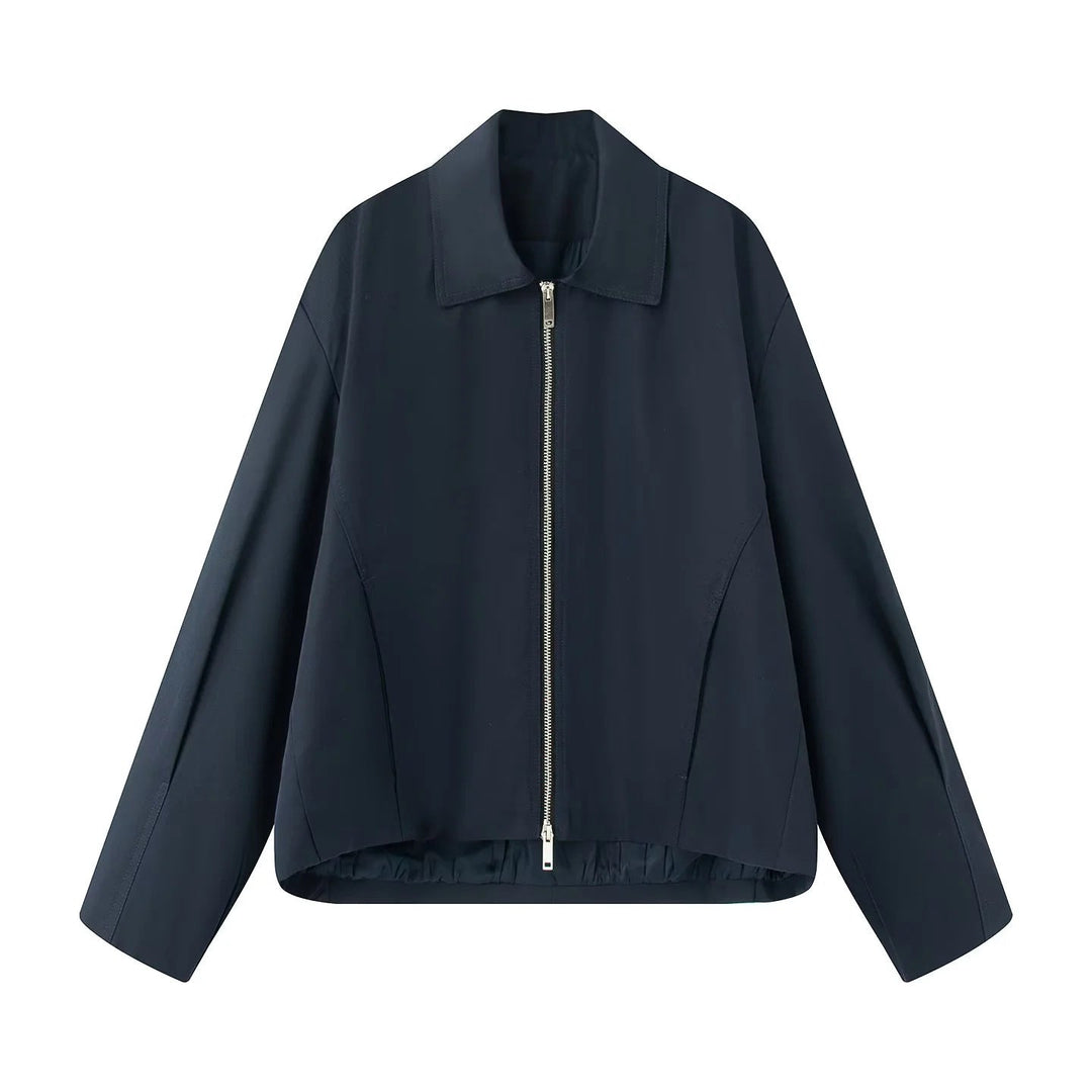 Dam lätt avslappnad boxy blousonjacka med concealed two-way dragkedja, hög krage, och side inset fickor