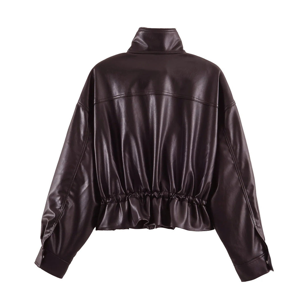 Dam Oversize Blouson Jacka Tillverkad av Vegansk Läder med A Hög Standing Krage och Drawstring Waist