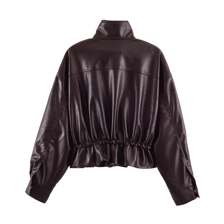 Dam Oversize Blouson Jacka Tillverkad av Vegansk Läder med A Hög Standing Krage och Drawstring Waist