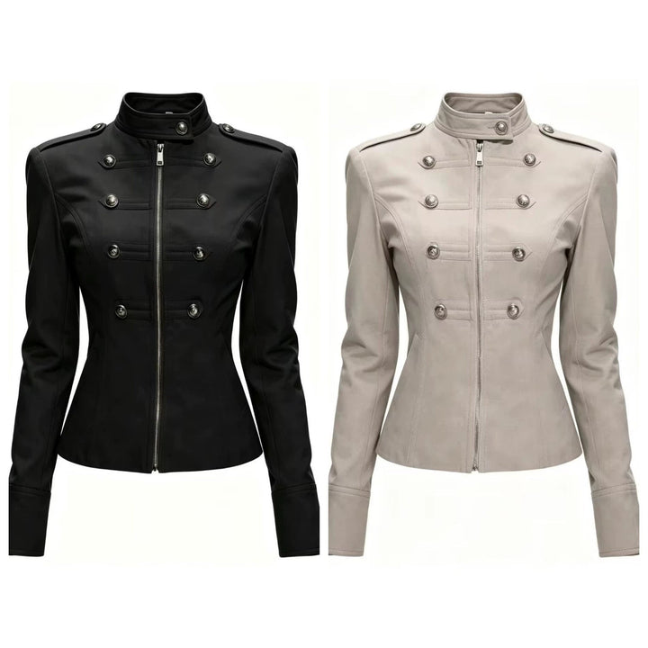 Dam Tailored Military-Inspired Jacka med Stå Krage, Dekorativ Knapp Row och Dragkedja