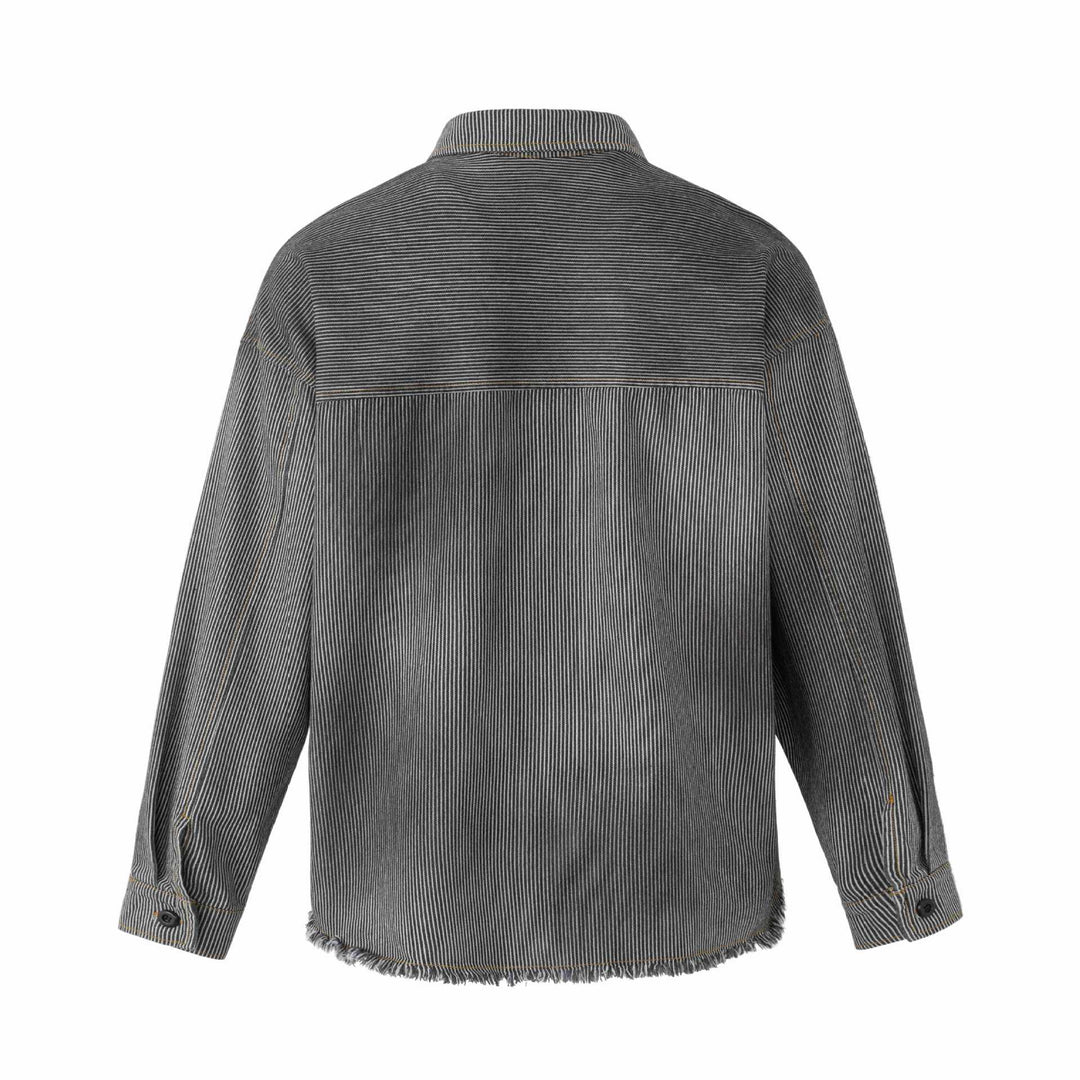 Dam Overshirt Jacka Gjord av Randig Denim med Fringes och Used Detaljer
