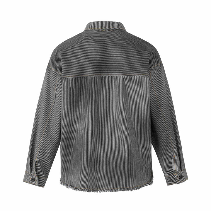 Dam Overshirt Jacka Gjord av Randig Denim med Fringes och Used Detaljer