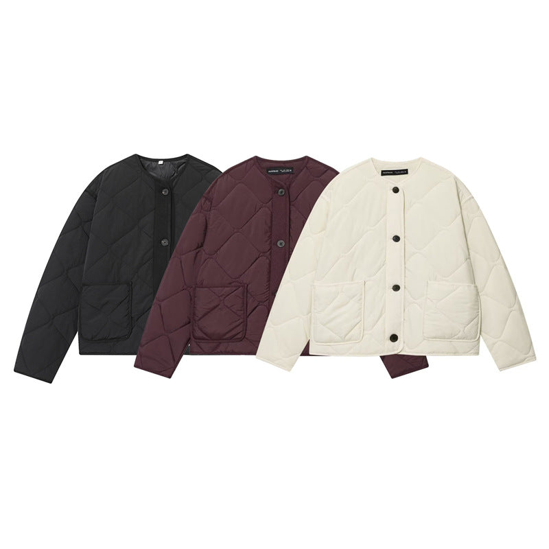 Dam kviltad oversize kviltad jacka med Round Neckline, utanpåfickor och knappslå