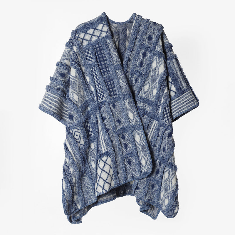 Dam Structured Jacquard Ruana poncho med Fringe look och Open Oversize silhuett
