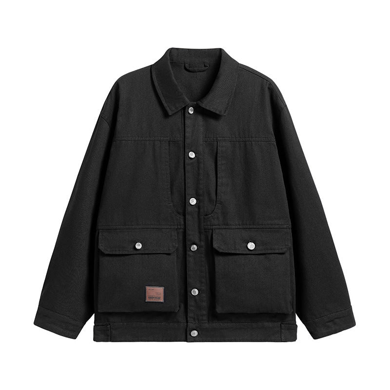 Herr Oversize Canvas Utilityjacka med Applied Multi-Functional Fickor och Tryckknappslå