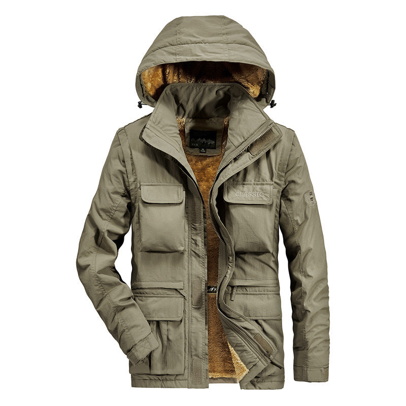 Herr Utility Parka med Warming Fleecefoder, Multifunction Fickor, och Justerbar Huva