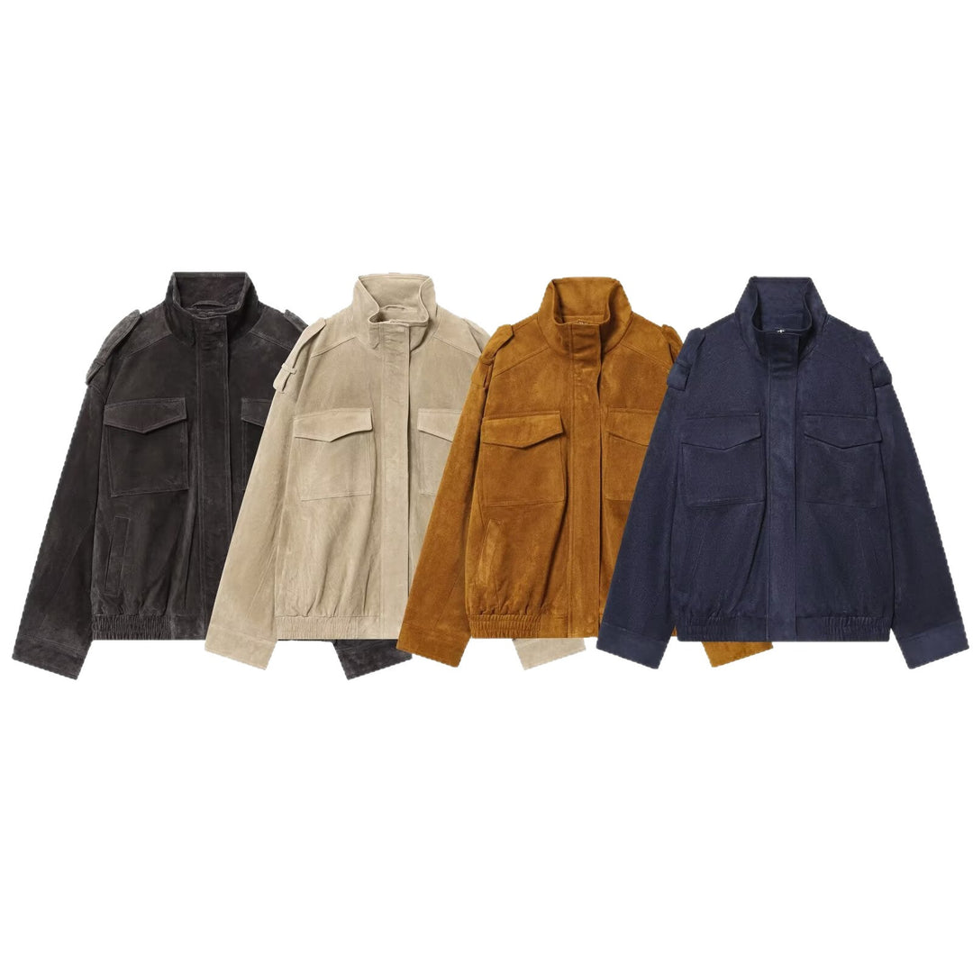Dam Suede Fältjacka med Stå Krage, Epaulettes, och Patch Chest Fickor