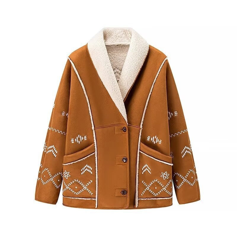 Dam knitted jacka in lambskin look med shawl krage