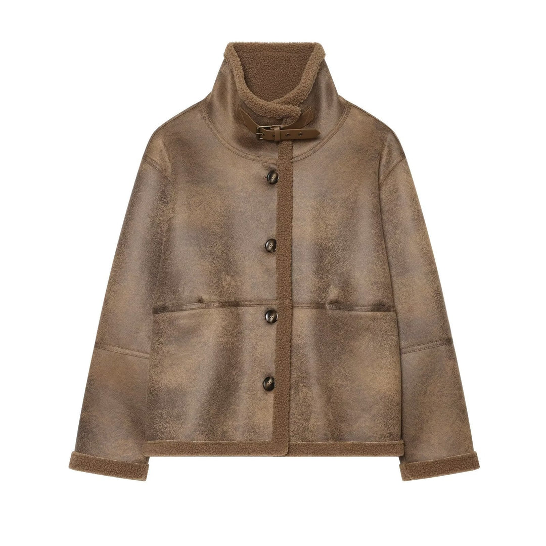 Dam Kort Jacka Tillverkad av Teddy Fleece med Funnel Krage och Buckle Stängning