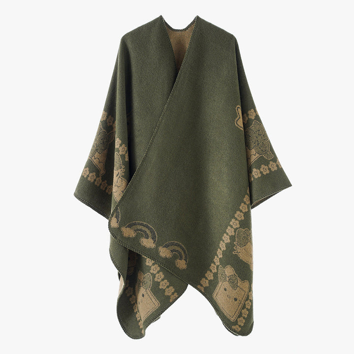 Dam Oversize poncho med Jacquard Animal mönster och Asymmetrical Pointed fåll
